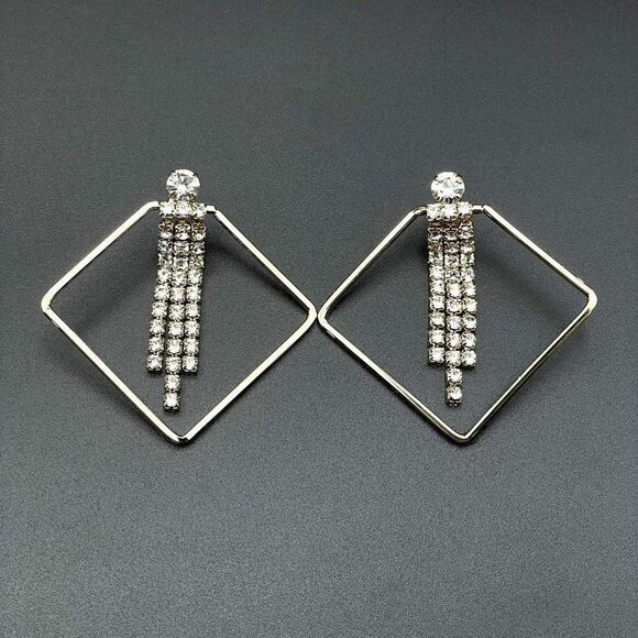 Yellow Gold Rhombus with White Diamond Crystal Dangling Tassel Post Earrings - Picture 2 of 9